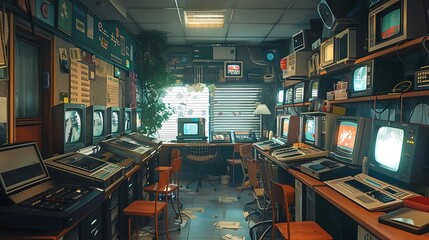 Retro room filled with vintage televisions, computers, and electronic equipment.