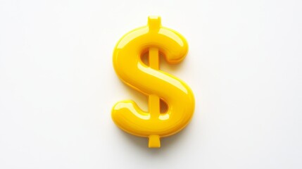 Obraz premium Yellow Glossy Plastic Dollar Sign on White Background. A shiny yellow dollar sign made of glossy plastic material isolated on a white background.