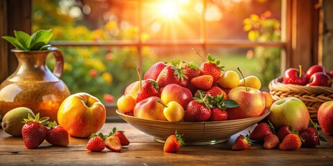 A Vibrant Display of Fresh Fruit in a Rustic Setting with Warm Sunlight Streaming Through a Window