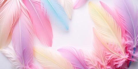 Fototapeta premium Pastel coloured feathers arranged in an abstract background, detail