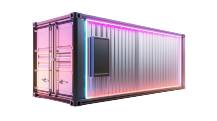 Modern intermodal container glowing with neon lights on transparent background
