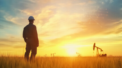 Fototapeta premium A worker in a hard hat stands in a field at sunset, observing active oil pump jacks on the horizon.
