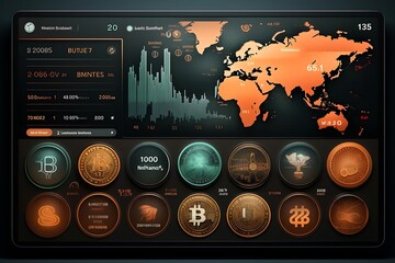 Cryptocurrency dashboard displaying global market data, charts, and various digital coins.