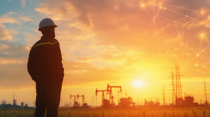 Fototapeta premium A silhouette of a worker wearing a hard hat looks towards oil pumps and a sunset, with digital network graphics overlaying the sky.