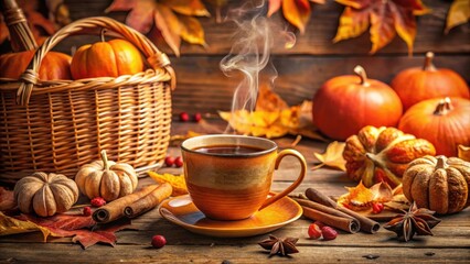 A steaming cup of coffee with autumn leaves, pumpkins, and cinnamon sticks on a wooden table.