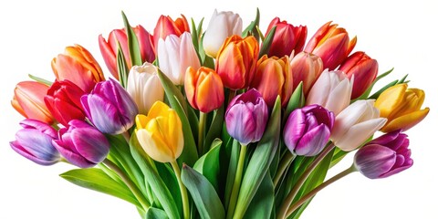 Fototapeta premium A vibrant bouquet of colorful tulips, showcasing a spectrum of hues, from rich crimson to delicate pastel pink, creating a beautiful and cheerful display.