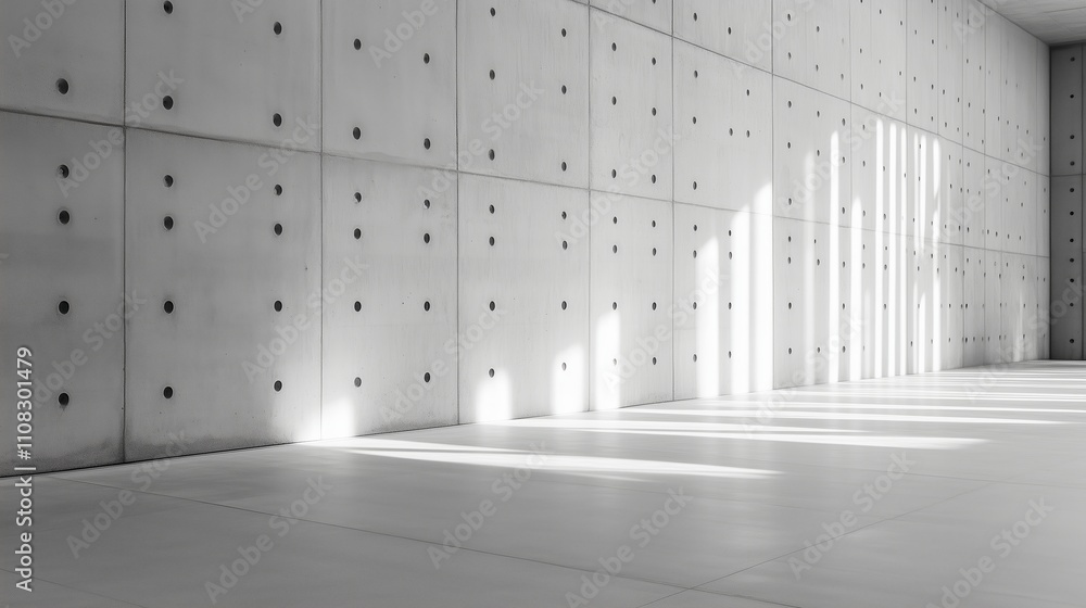 Poster sunlight creates patterns on an industrial concrete wall in an empty gallery space during the day