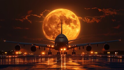 Airfreight Delivery Supply concept. Airplane silhouetted against a large, glowing moon at twilight.