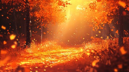 Fototapeta premium Golden Path Through a Forest of Autumn Leaves