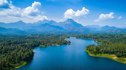 Breathtaking Aerial View of Serene Tropical Lake Surrounded by Lush Greenery and Majestic Mountains Under a Vivid Blue Sky