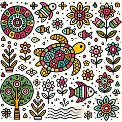 Naklejka premium Colorful Doodle Art Turtle Flowers Fish Nature Pattern