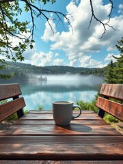 Fototapeta premium Coffee cup on a park bench with a scenic view of a lake, scenic spot, , outdoor seating, nature scene, peaceful atmosphere