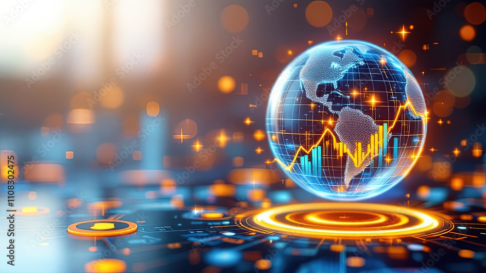 Poster digital globe with financial graphs and glowing data points represents global finance and technology