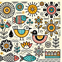 Fototapeta premium Whimsical Folk Art Birds Flowers and Fish Illustration
