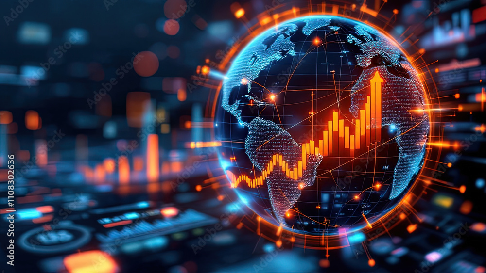 Poster digital globe with financial data and upward trends symbolizes global market growth and economic pro