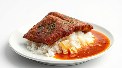 Sliced fried pork cutlet on a plate with steaming hot curry sauce and fluffy white rice , fried meat, restaurant food, savory sauce, curry sauce, pork cutlet