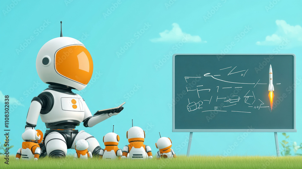 Aufkleber a large robot instructs smaller robots with a chalkboard, illustrating a rocket launch. they are out