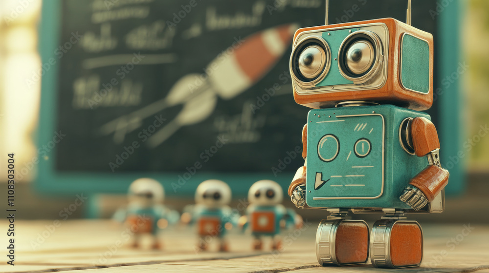 Poster a cute retro-style robot sits in front of a blurred chalkboard, with three smaller robots lined up b