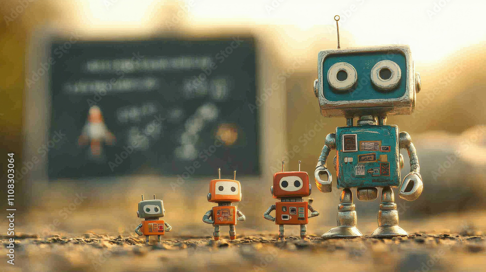 Poster toy robots standing in a row, with a blurred chalkboard in the background. the scene has a nostalgic