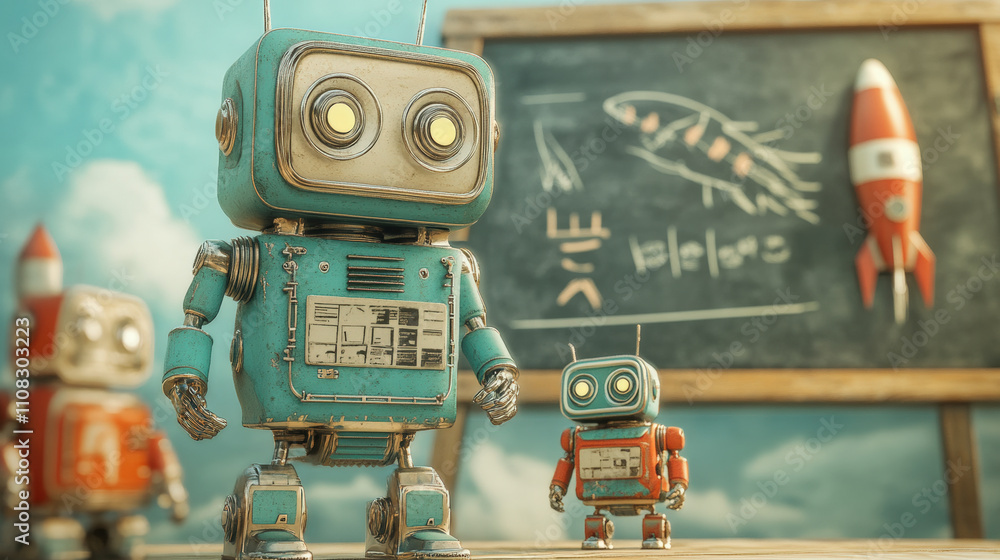 Poster cute robots in a classroom setting, with a chalkboard displaying drawings and a rocket model. whimsi