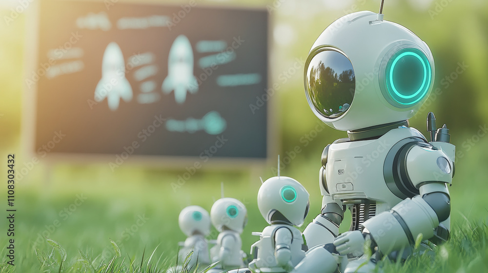 Poster a cute robot teacher instructs three smaller robots about rockets in a serene outdoor setting with a
