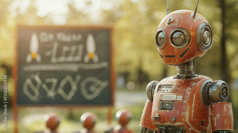 Poster a retro-styled robot stands in front of a chalkboard with mathematical formulas and rocket illustrat