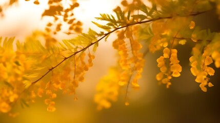 Obraz premium Golden flowers bloom on a branch in sunlight