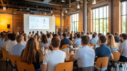 Obraz premium People sitting in a large conference room, attentively watching a presentation displayed on a large screen. Natural light enters through tall windows.