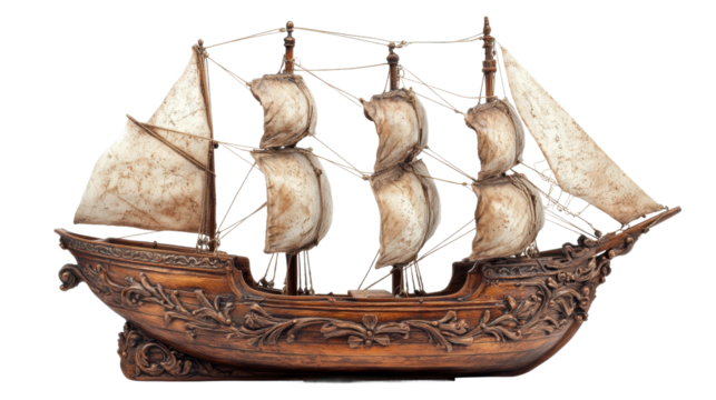 Model of an ancient caravel sailing ship with open sails on transparent background