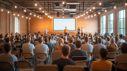 A large group of people attentively listening to a presentation in a spacious room with a screen and bright lighting.