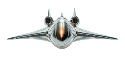 Futuristic metallic spaceship flying in space with transparent background