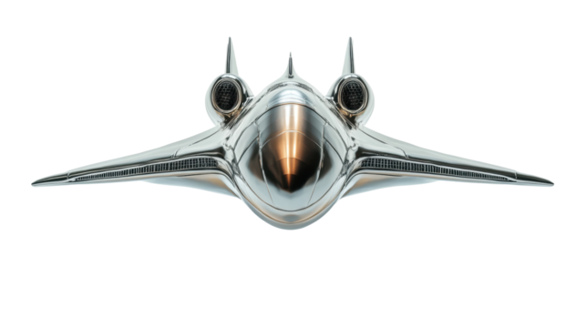 Futuristic metallic spaceship flying in space with transparent background