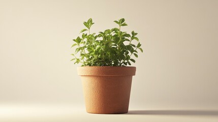 Fototapeta premium Potted Herb Plant in Terracotta Pot Against Beige Background