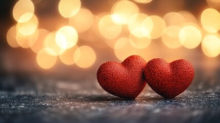 Abstract Valentine's Day background with red hearts and blurred bokeh lights. Festive love concept banner  