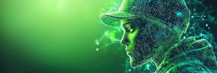 Digital profile of young african male hacker in futuristic network environment. Happy St. Patrick's Day. Saint Patrick