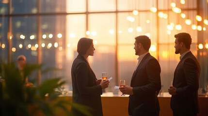 Three people in formal attire converse and hold drinks at a stylish evening business event, with warm lighting and a cityscape backdrop.
