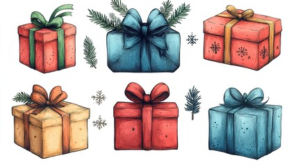 Six Beautifully Wrapped Christmas Presents With Bows