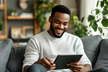 Smiling man using tablet in a cozy living room, enjoying digital content and leisure time