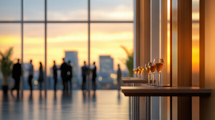 A stylish cocktail event with glasses lined up on a table. Silhouetted guests mingle against a backdrop of sunset-lit city skyline through panoramic windows.