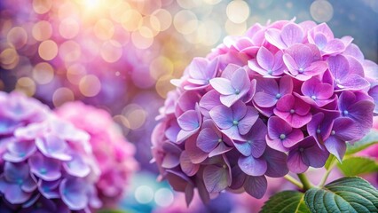 Fototapeta premium Close-up of vibrant purple hydrangea blooms with soft focus background of pink and gold bokeh