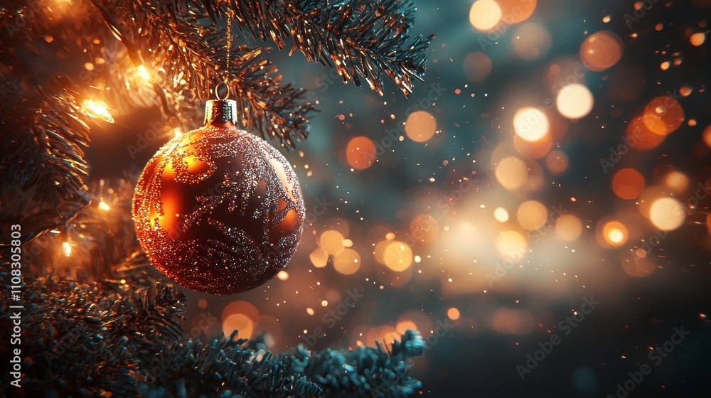 Aufkleber a glimmering christmas ornament hangs on a tree, surrounded by soft bokeh lights, creating a warm an