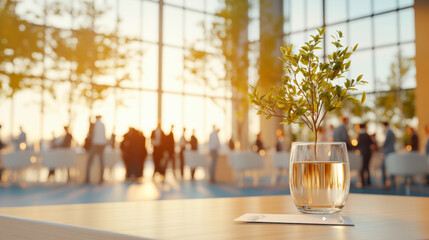 A glass vase with greenery sits on a table, with a lively social gathering and warm sunset light in the background.
