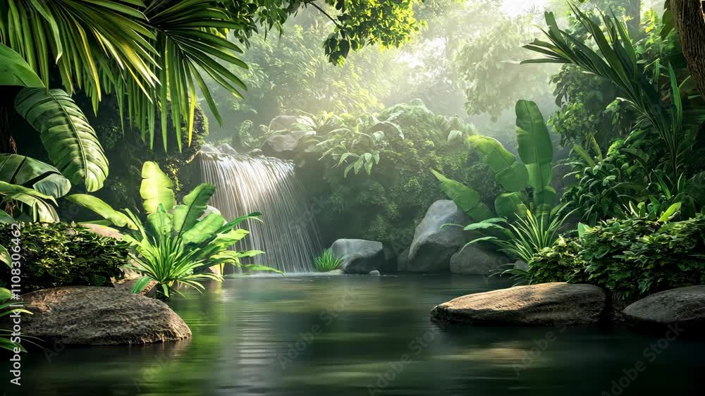 Aufkleber serene waterfall cascading into a tranquil pool surrounded by lush greenery in a jungle setting