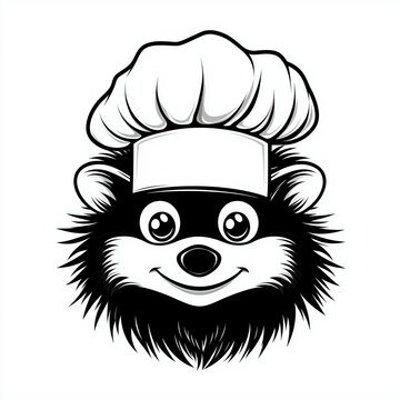 recommend clip art: A cute black and white mascot of a hedgehog head wearing a chef hat illustration
