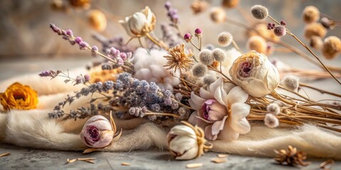 Fototapeta premium A Delicate Arrangement of Dried Flowers and Cotton Bolls, Nestled on a Soft White Fur