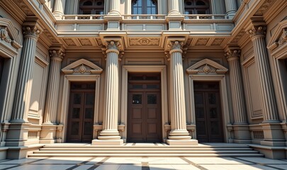 Obraz premium A grand architectural facade featuring columns and ornate details, ideal for use in legal, government, or historical contexts.