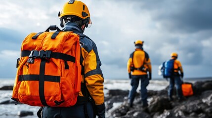 Fototapeta premium Rescue Team Members in Bright Safety Gear at Rocky Beach Under Overcast Sky, Preparing for Emergency Operations Near the Shoreline