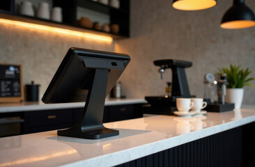 Minimalistic coffee shop register, black POS system on a clean white countertop, soft ambient lighting. Ideal image for advertising cafes or technological solutions in the catering industry