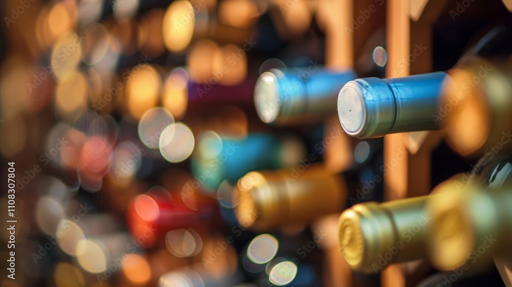 Poster hints of colorful labels and corks peek through the blurred vision of this wine cellar.
