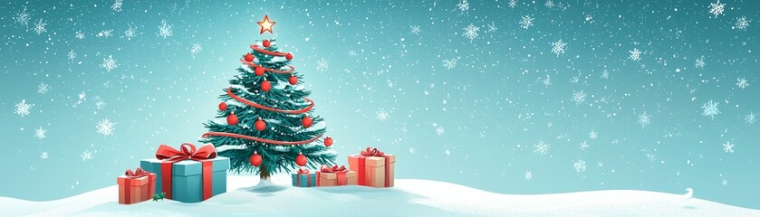 Fototapeta premium A festive Christmas tree adorned with colorful ornaments surrounded by wrapped presents, set against a snowy winter background.